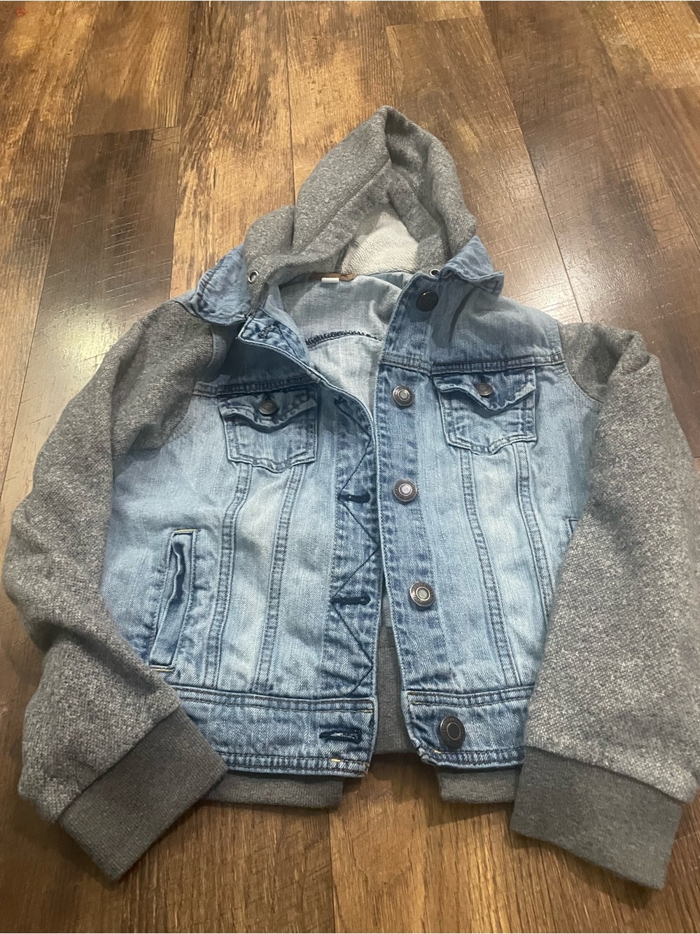 American Eagle Outfitters Light Blue Denim Jacket with Gray Hoodie Sleeves
